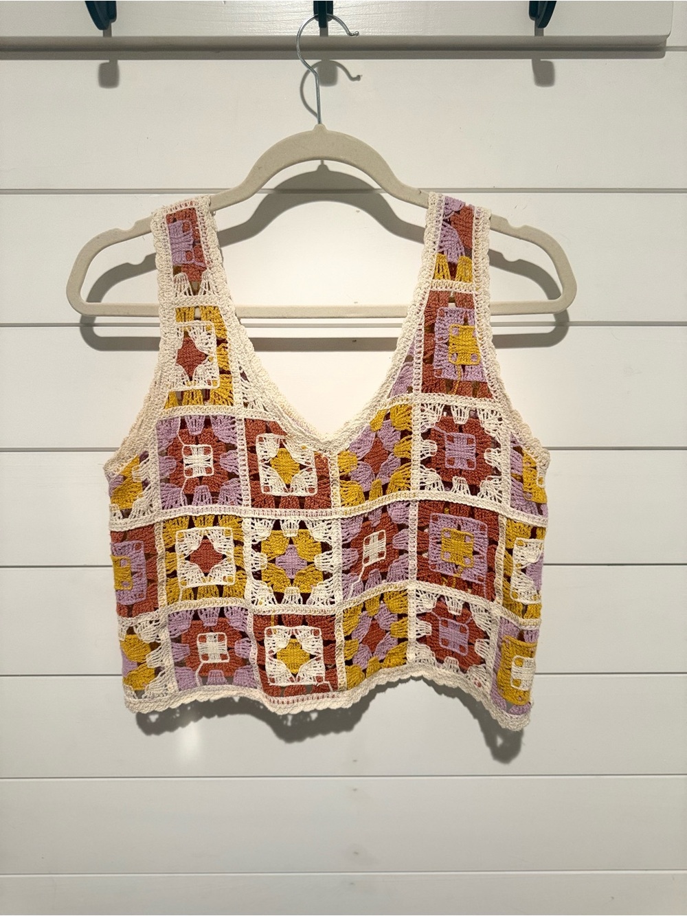 Rebellion Crochet Square-Panel Tank Top Cottagecore Boho Cropped Size M
